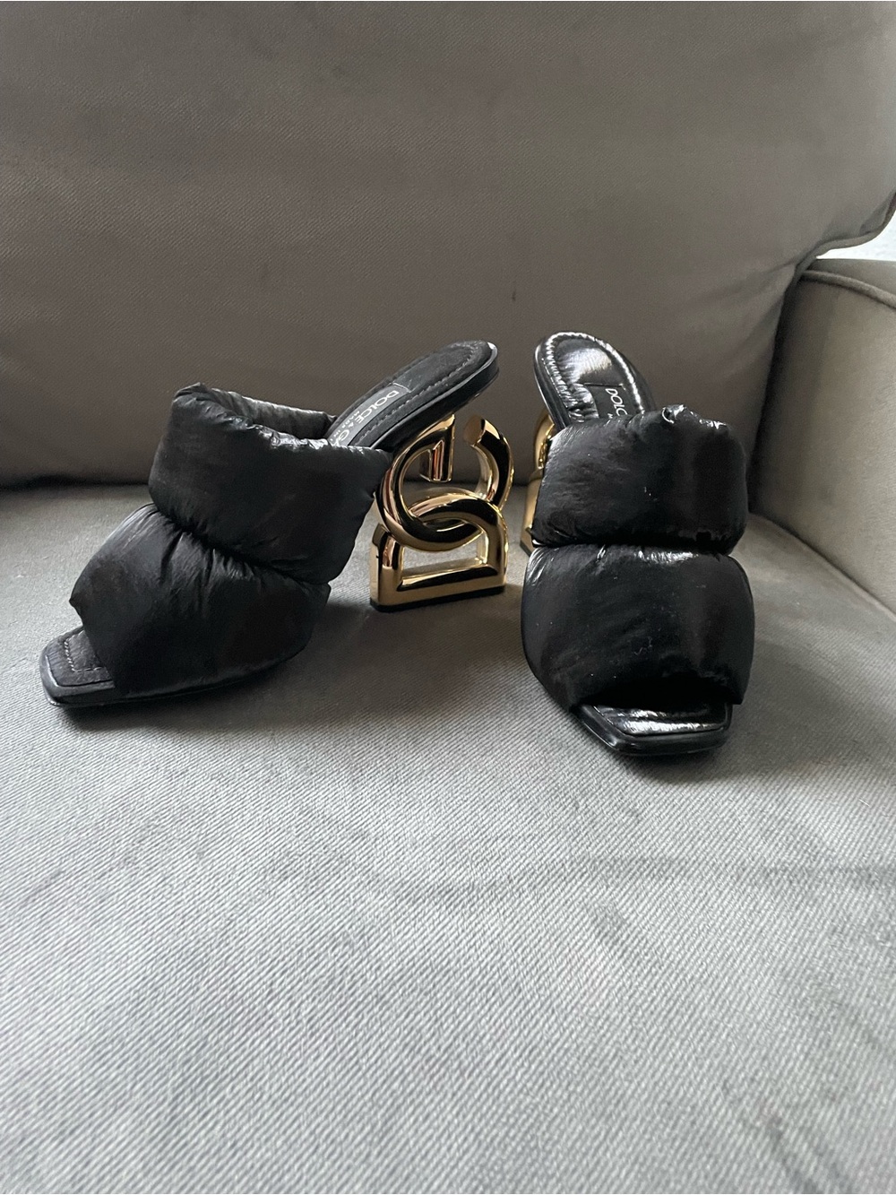 Dolce & Gabbana Black Padded Slide Heels with Gold Logo Heel